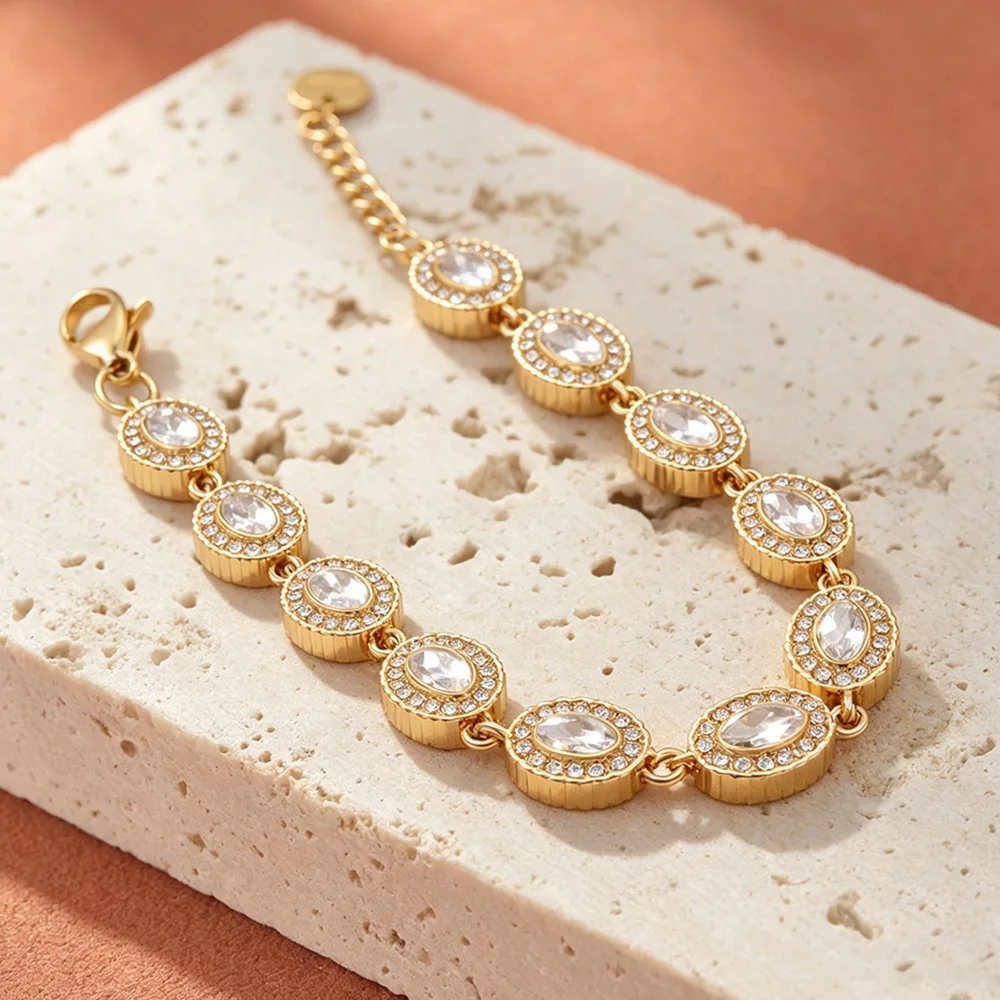 JeeMango Hochwertige, luxuriöse ovale Armbänder mit kubischen Zirkonia für Damen, 18 Karat vergoldeter Edelstahl, Modeschmuck, Geschenk B26056