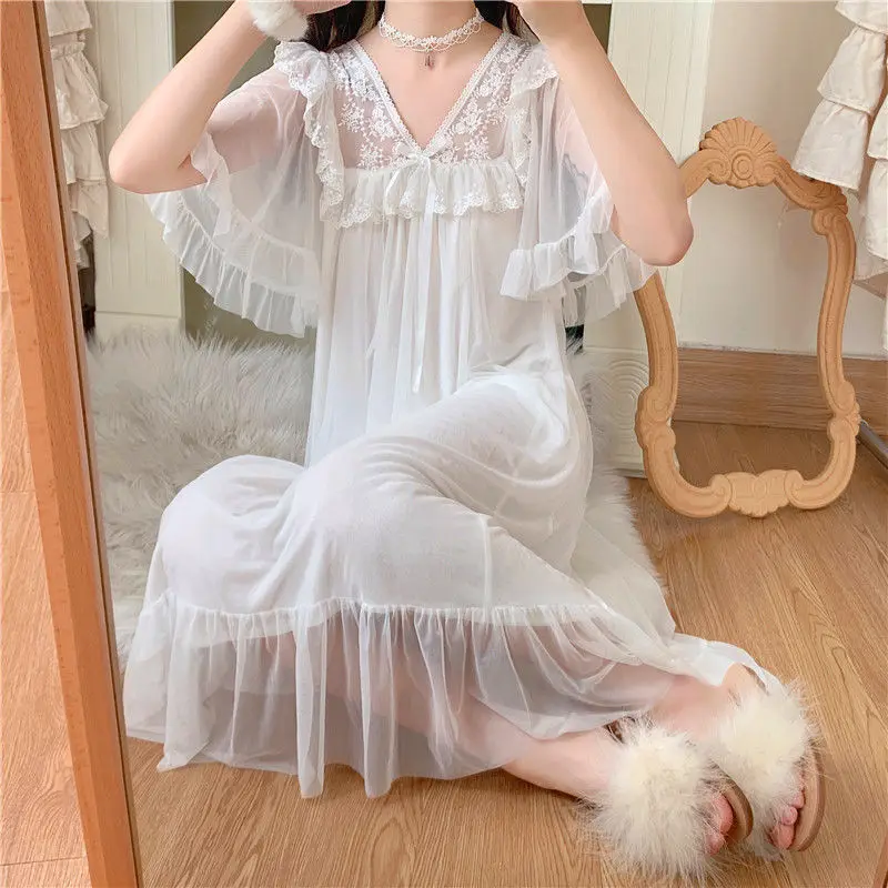 M-4XL Nightgowns Women Sleepwear White Midi V-neck Sweet Ruffles A-line Spliced Temper Elegant Lounge Summer Aesthetics Home Ins