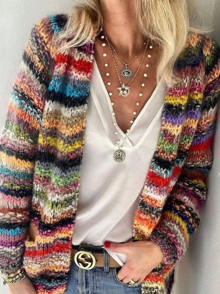 

2025 Pull Femme Woman Clothing Autumn Clothes Woman All-match Loose Simple Style Sweater Knitted Color Colorful Contrast Fashion