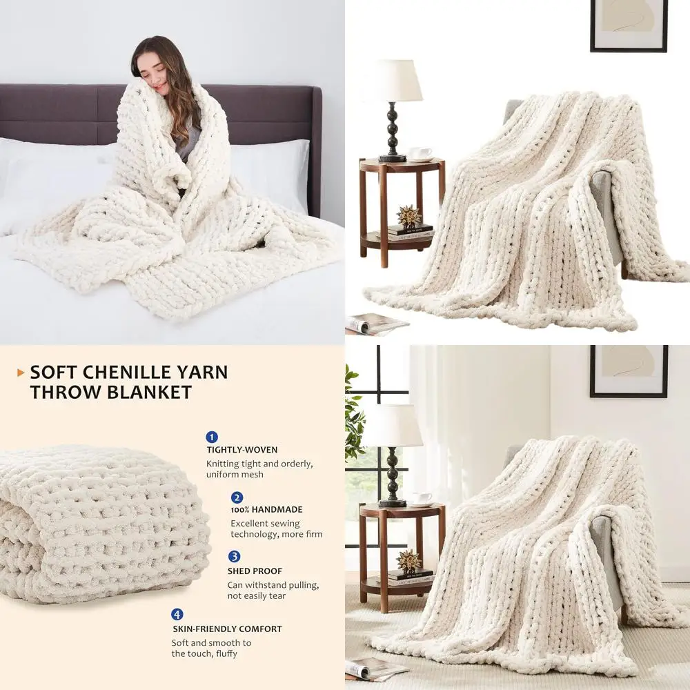 

Large 72x84 Handmade Thick Cable Knit Chenille Blanket - Ivory for Bed or Couch