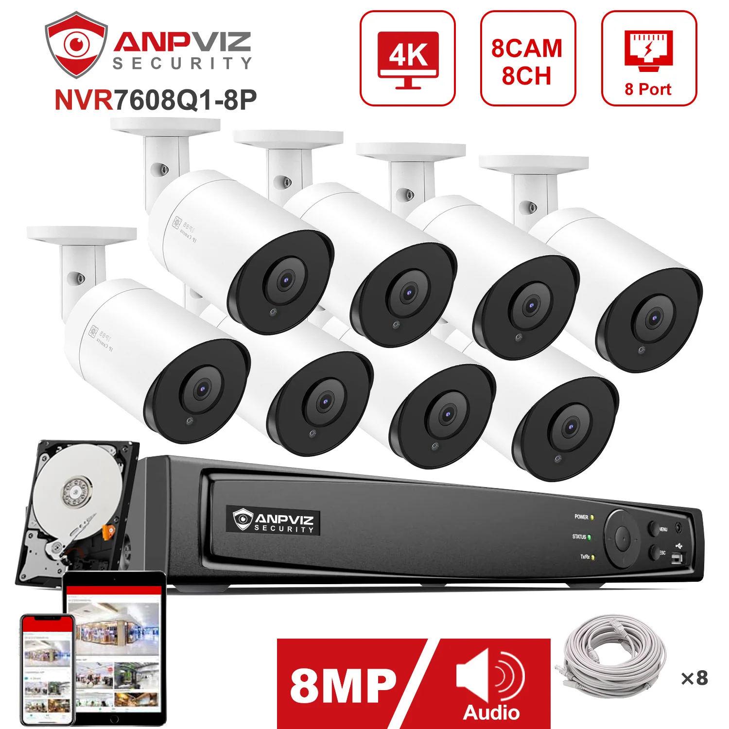 

Anpviz 8CH 4K NVR 4K IP Camera POE IP Security System Kit Outdoor Security CCTV Video Surveillance 2.8mm Lens P2P View IP66 30m