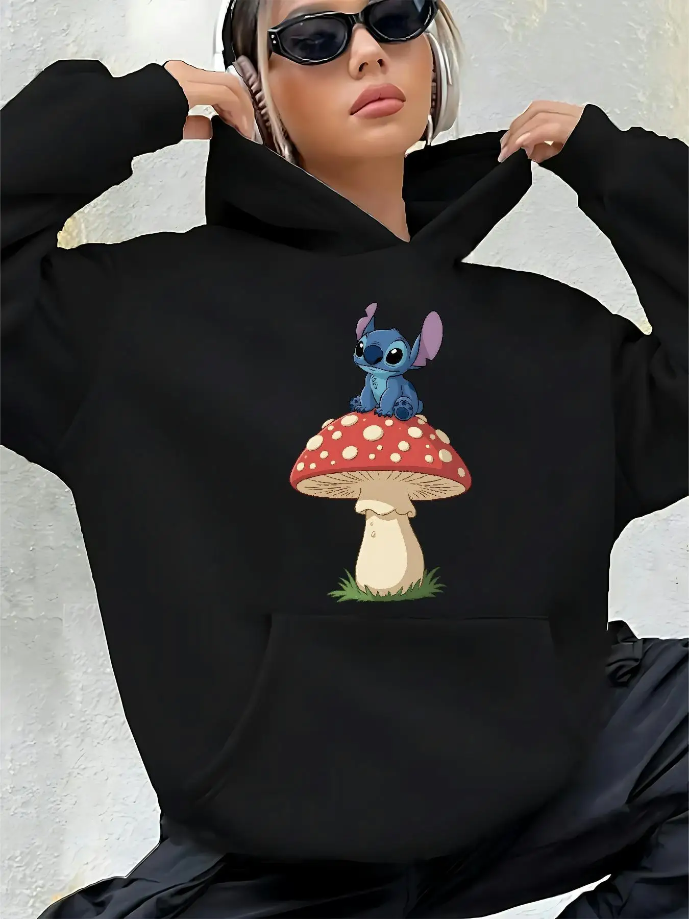 سويت شيرت نسائي بغطاء للرأس من ديزني بتصميم نمط الفطر، كاجوال للخريف والشتاء، قابل للغسل في الغسالة للارتداء اليومي