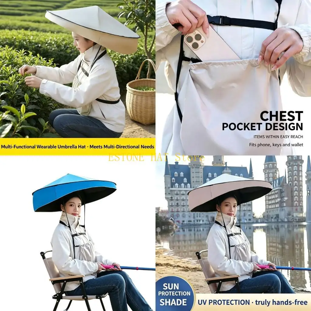 49MF Foldable Umbrella Hat for Adults, Hands Outdoor Head Cover for Sun Shade, Rain Walks and Fishing Outdoors