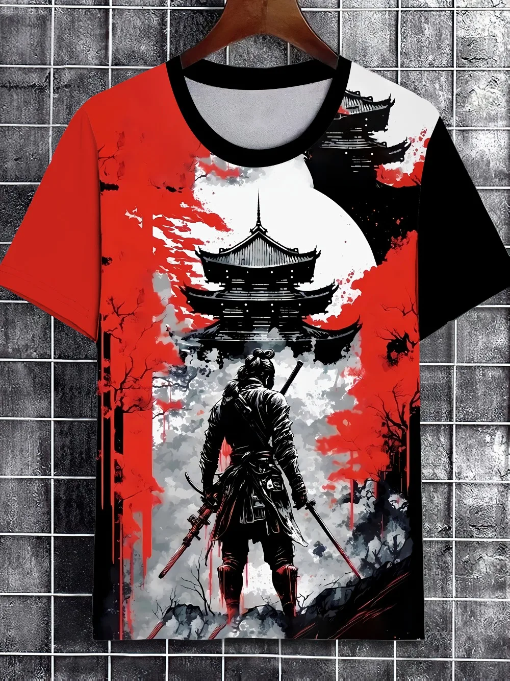 تي شيرت مطبوع رقمي ثلاثي الأبعاد معبد الساموراي الياباني جرافيك تي شيرت نابض بالحياة كاجوال برقبة مستديرة للمراهقين تي شيرت موضة ملابس الشارع #1