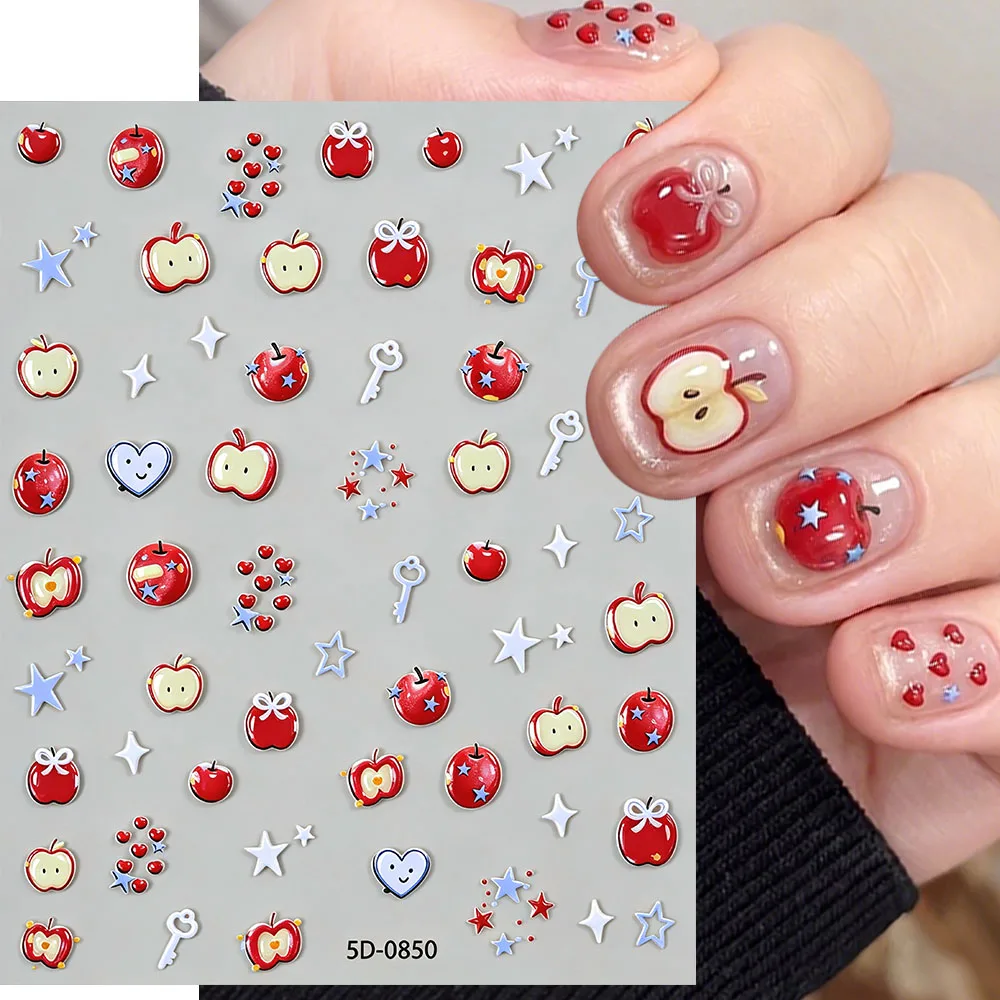 1pcs 5D Embossed Red Apple Slices Nail Stickers Starry Red Apple Cartoon Fruit Nail Art Decals Heart Polka Dots Childlike Manicu