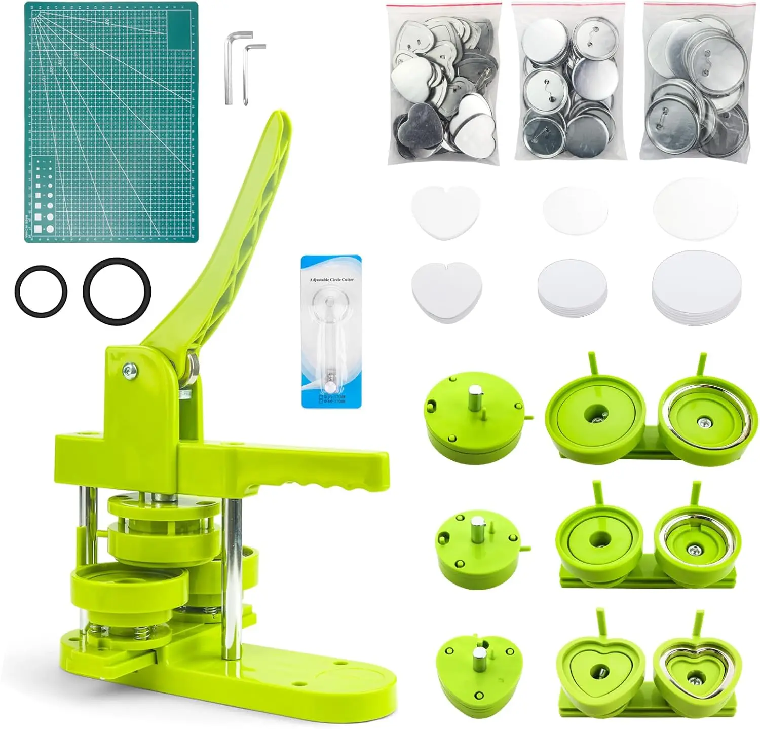 

3-in-1 Button Maker Machine 58mm 75mm Heart Badge Press with 60 Parts