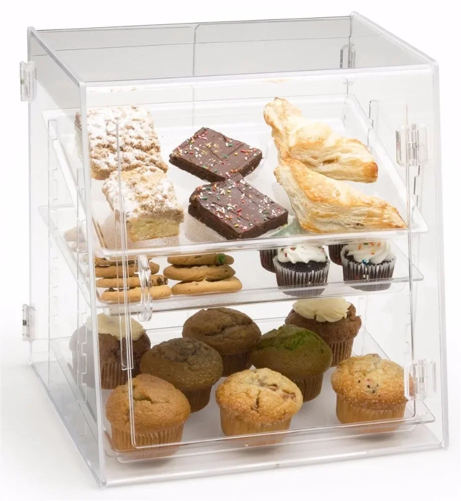 Manufacturer 3 Removable Trays Front And Rear Doors Clear High-Quality Acrylic Pastry Display Stand Rack Shelf Case For Sales