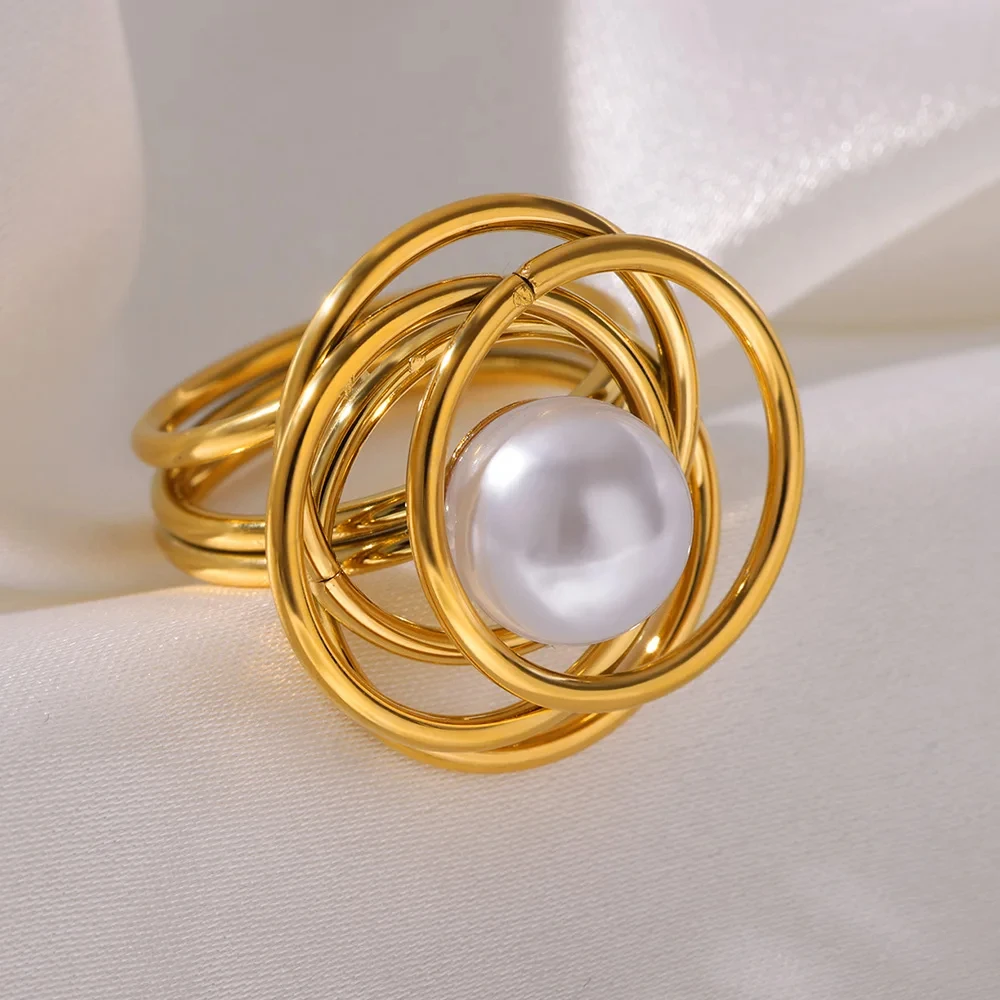 Fashion Imitation Pearl Wrap Rings For Women Gold Color Stainless Steel Irregular Cross Ring Wedding Party Jewelry Gift