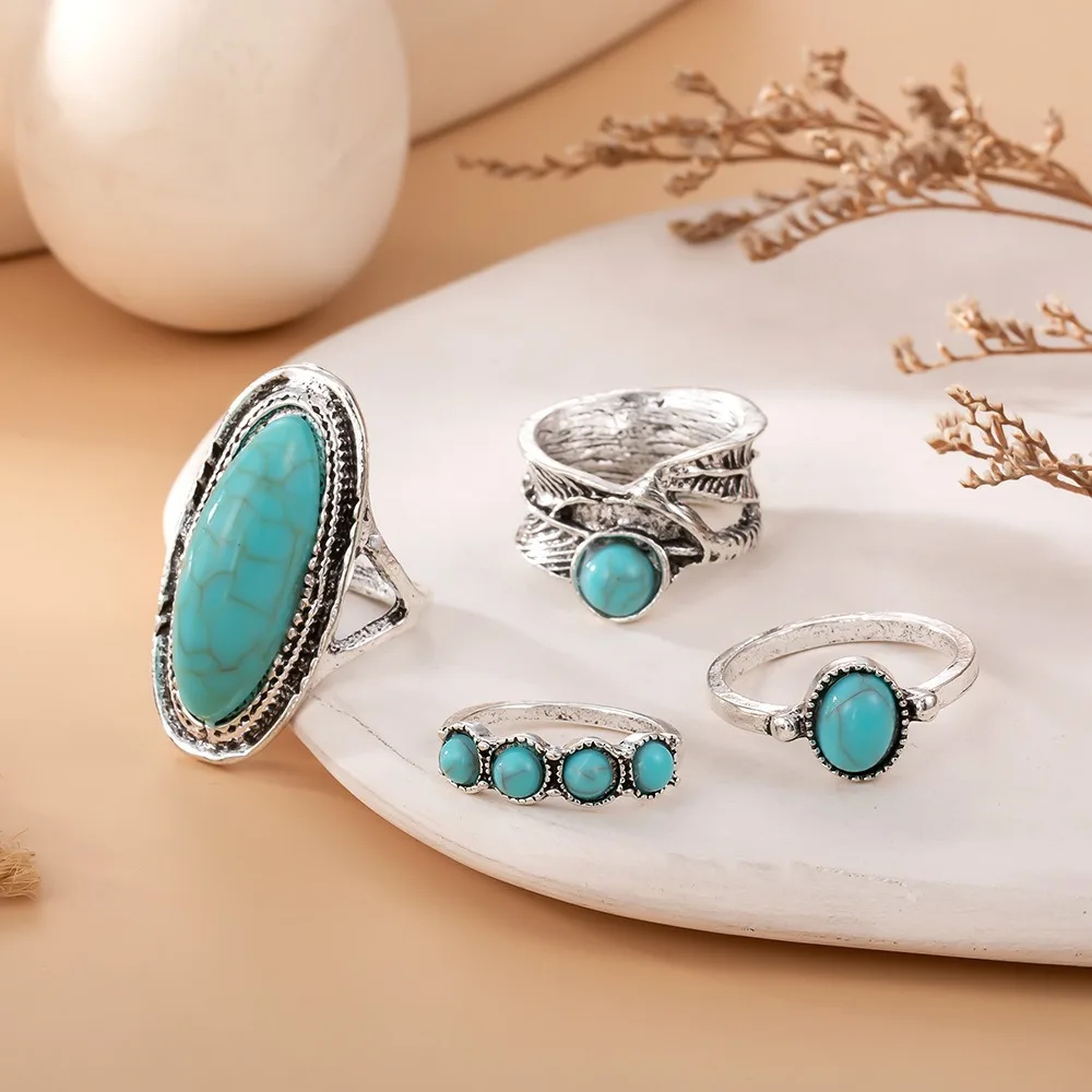 4pcs Set Retro Bohemia Ancient Silver Geometric Ellipse Turquoise Feather Rings for Women Finger Fashion Jewelry Sets Accessory
