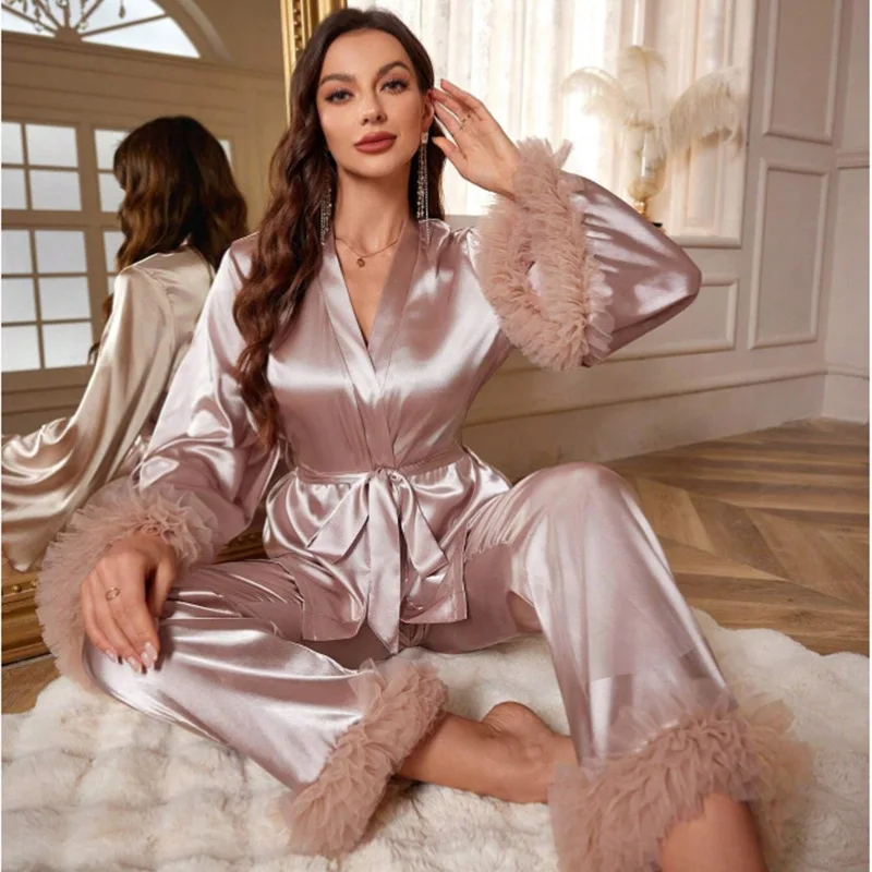 

Women's 2PCS Satin Pajamas Sexy Mesh Patchwork Bride Wedding Party Pyjamas Sleepwear Loose Ladies Flare Sleeve Loungewear PJS