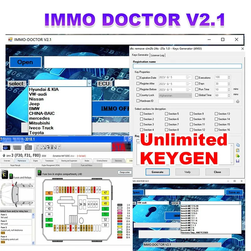 

New Free KEYGEN IMMO DOCTOR V2.1 Immo Off Delete Car Software ECU Chip Tuning File for SIM2K MT38 ME 17.9.2 17.9.8 MED17.9.8 ME1