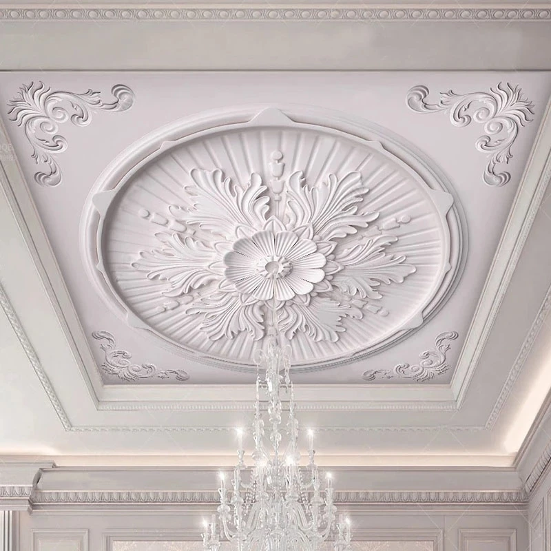 Custom Mural European 3D White Gypsum Line Carved Wallpaper Restaurant Ceiling Living room background wall bedroom study Hotel