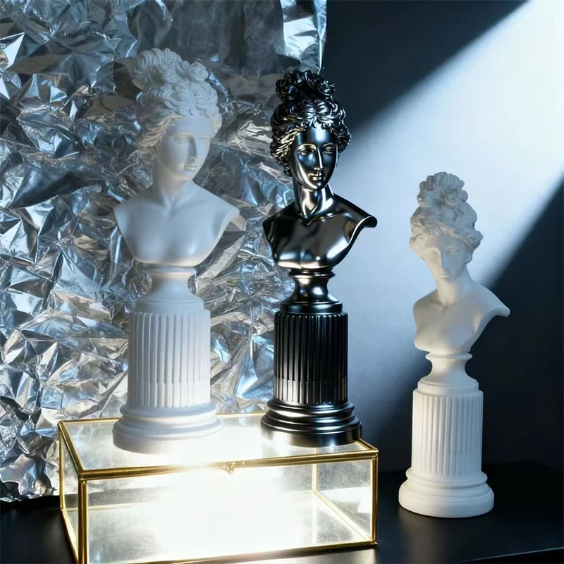 Retro Classic European Goddess Resin Bust Sculpture Matte Black White Roman Base Figurine For Vintage Study Bookcase Ornament