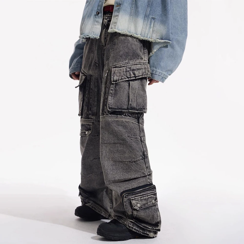 الرجال القوطية الجينز Y2k جيب كبير البضائع الجينز الشارع الشهير موضة اليابانية الشباب الحرم الجامعي واسعة الساق سراويل تقليدية الذكور ملابس للرجال #6