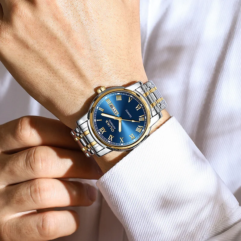 ساعة رجال الأعمال الكلاسيكية حزام الفولاذ المقاوم للصدأ تقويم مزدوج ساعة رجالية مضيئة مقاوم للماء كوارتز