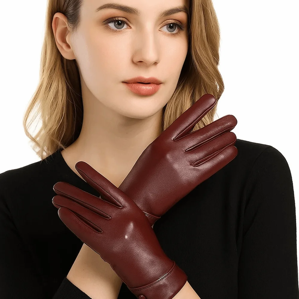 Elegant Solid Color Full Finger Mittens PU Button Women Leather Gloves Thickened Windproof Touch Screen Gloves Cycling