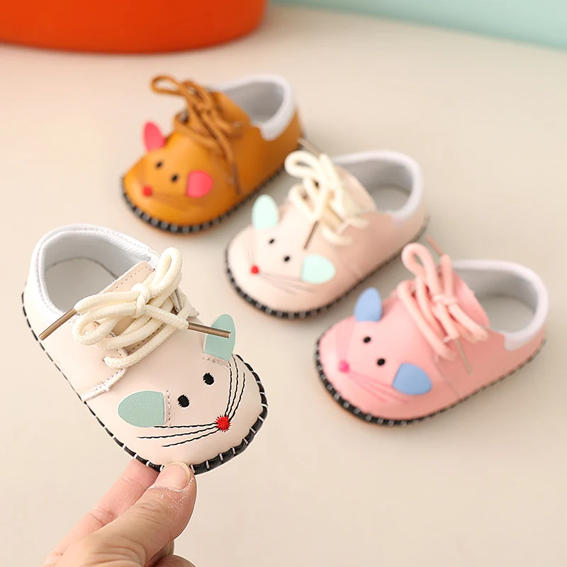 

Toddler Flats Cute Mouse Sweet Girls Walking Shoes Round Toes 2025 Autumn New Baby Leather Shoes Fashion Versatile Soft Bottom