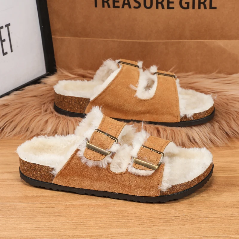YUYIN Classic Winter Mules For Women Men New Winter Fur Suede Clogs Cork Footbed Cozy Fuzzy Slippers With Adjustable Buckle