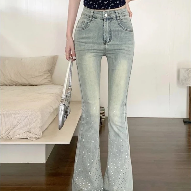 

Women Vintage Flare Jeans with Rhinestones Bell Bottom Denim Pants 2025 Autumn Streetwear Y2k Grunge Original Stretched Trousers