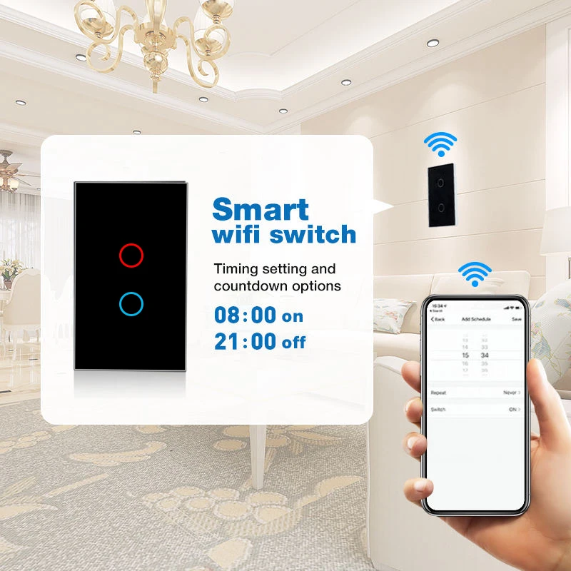 Tuya Wifi Smart Switch Neutral Wire/No Neutral Wire,  Smart Home Interruptor Light Switch US 1/2/3 Works for Alexa Google home