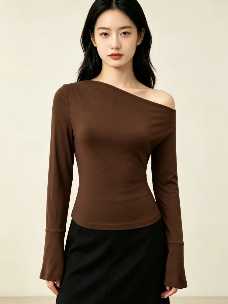 Women Long Sleeve Top Asymmetric Off Shoulder Flare Cuff Slim Fit Solid Curved Hem Elegant Daily Party Streetwear Basic Shirt