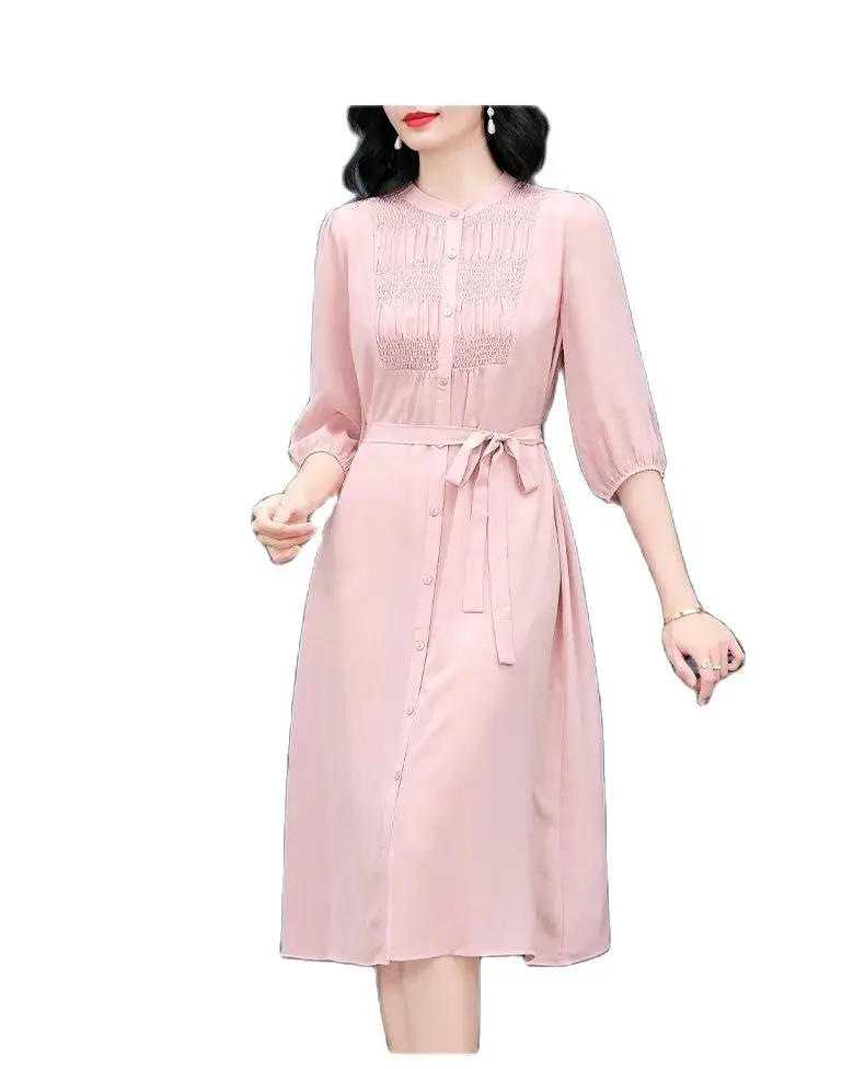 BirdTree, 100%Real Silk Elegant Dresses, Women Stand Half Sleeve Solid, Commute Young Loose Mom Dress, 2024 Summer D45398QC