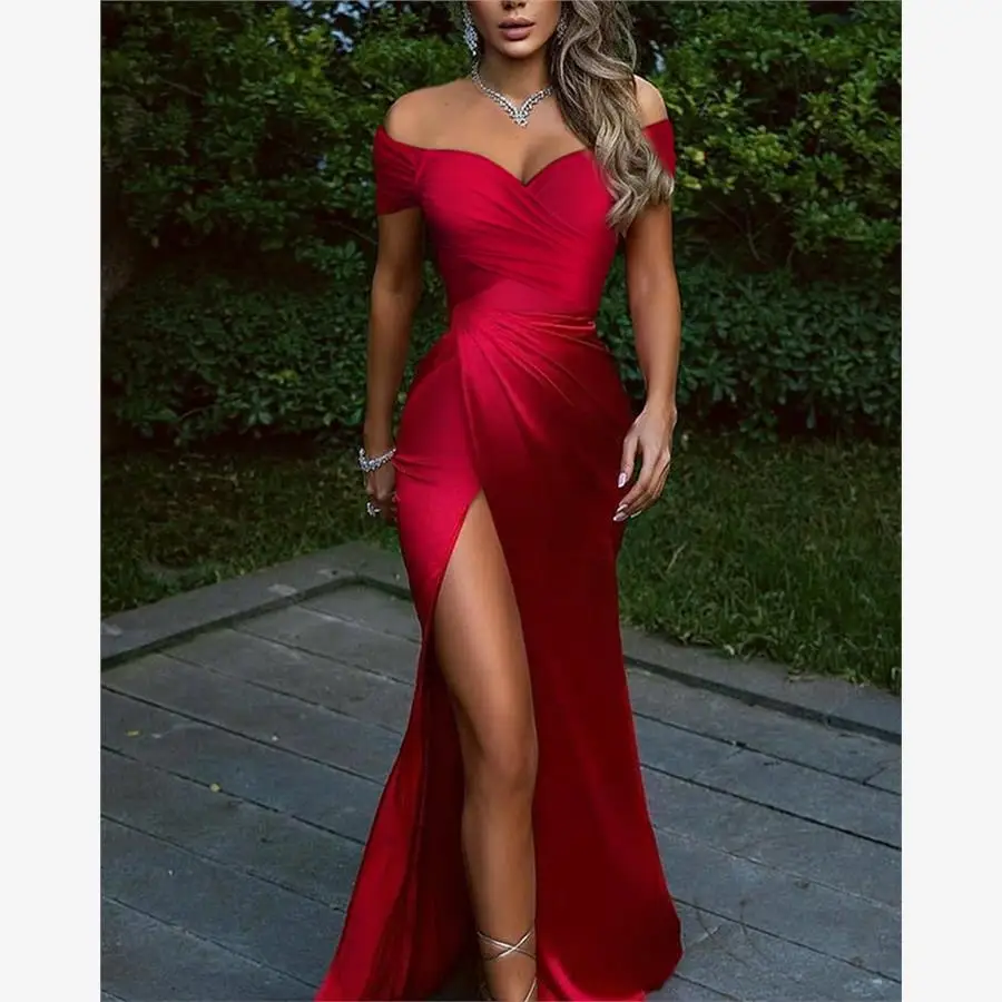 

Sexy One-oulder Long Evening Dr Women's Slit Formal Gown Korean Sle Mid-Waist Hollow out Deep V-Ne Wedding Dr