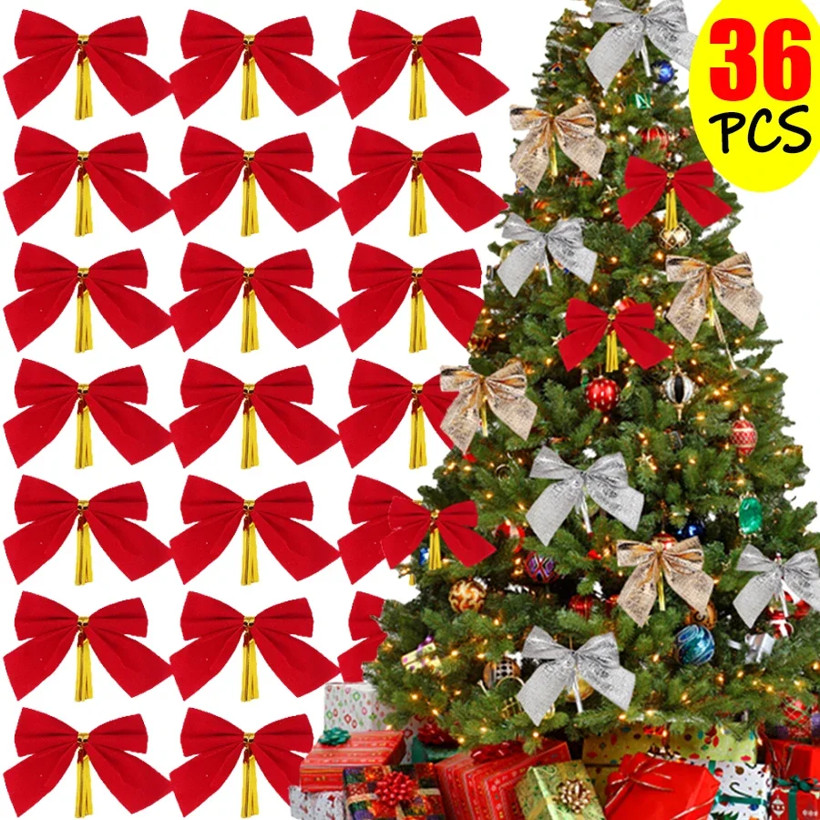 36/12PCS Christmas Bow Red Gold Velvet Bow Xmas Tree Pendant New Year Party Garland Gift Box Decoration DIY Handmade Supplies