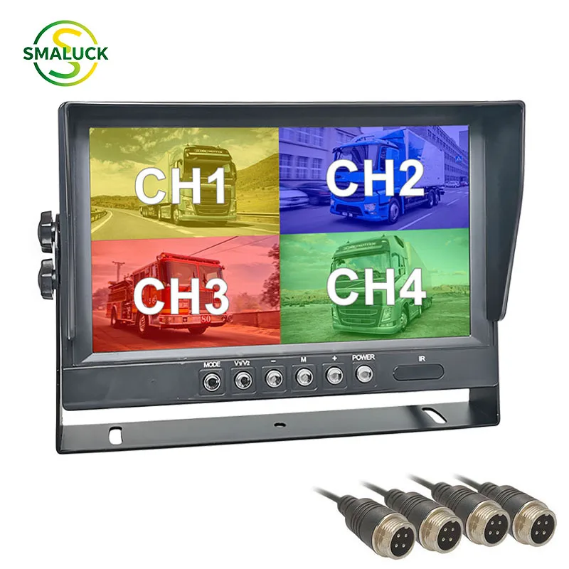 SMALUCK CVBS Signal 4CH 9inch 4PIN 4 Split Quad Screen Display Backup Rear View Car Monitor for Car Truck Bus Reversing Camera