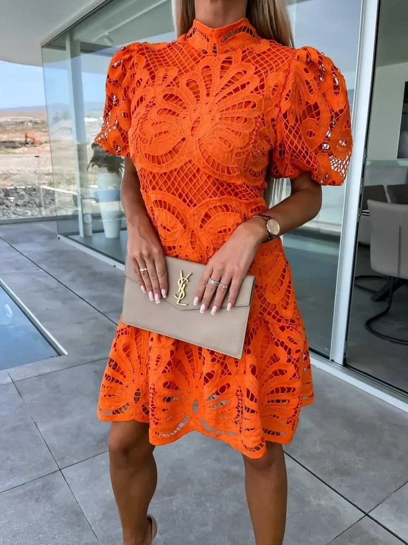 Vestido de verano para mujer, minivestido de fiesta de encaje calado, cuello redondo, corte en A, vestido de graduación de talla grande, ropa para mujer