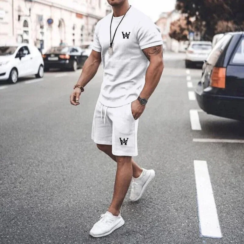 2025 Latest Men's W-shaped Printed Casual T-shirt Set Round Neck Short sleeved Top Home Clothes Summer Breathable Male Top