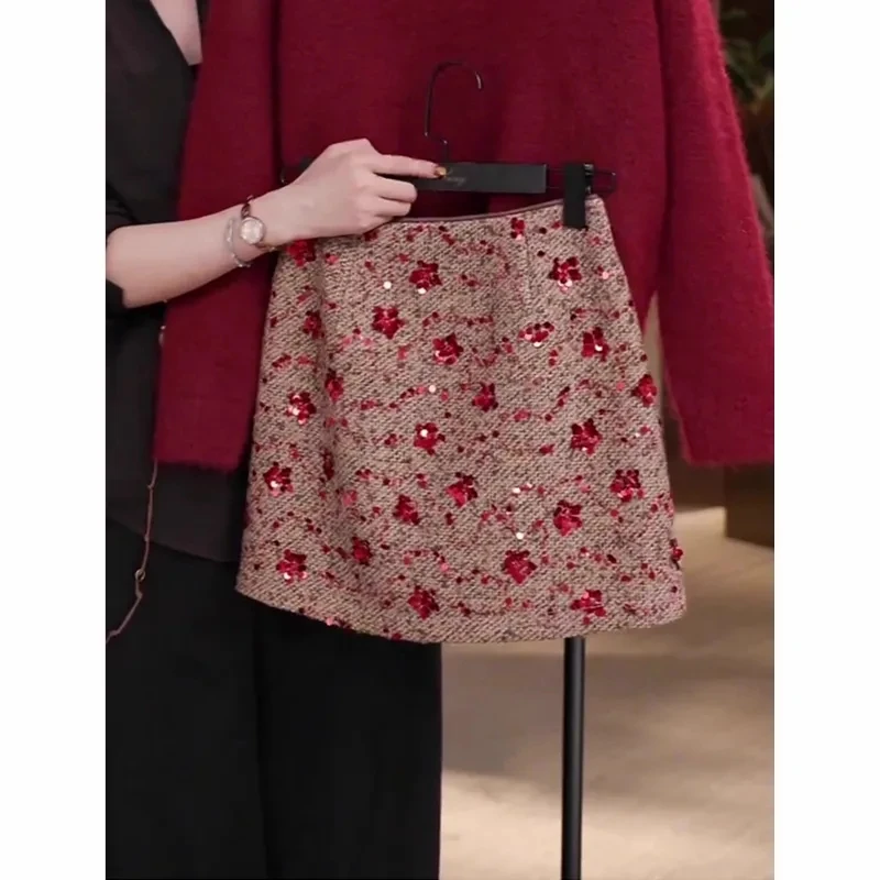 

Новогодняя юбка с пайетками и цветочным принтом, женская элитная французская мини-юбка с высокой талией, короткая юбка трапециевидной формы, осень-зима