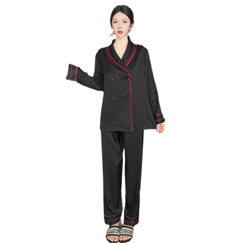 2024 Autumn New Two Piece Ins Style Pajamas Women Ice Silk Tiktok Jacquard Dark Stripe Luxury High Quality Elegant Nightgown Set