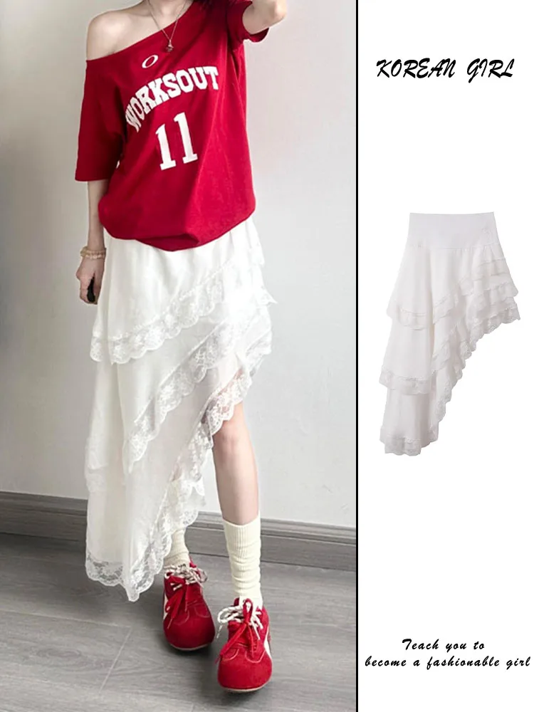 Spicy Girl Nieregularna Spódnica Midi z Koronkowym Wykończeniem, Damska Letnia, Luźna, z Elastyczną Gumką w Pasie, Asymetryczna, Retro, Krój A-Line