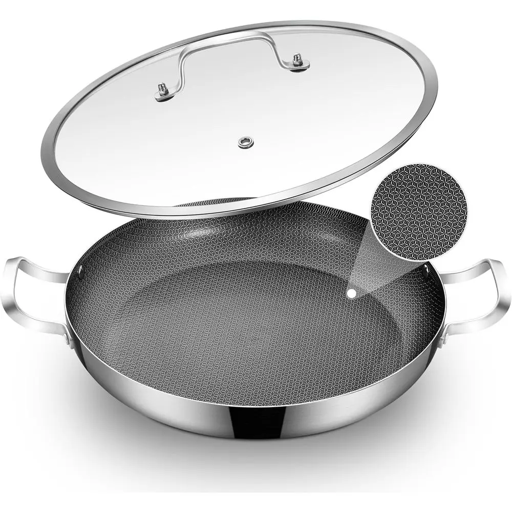 

12 Inch Stainless Steel Paella Pan with Lid, Hybrid Ceramic Nonstick Skillet for 2-4 People, Induction Compatible, Oven Safe up