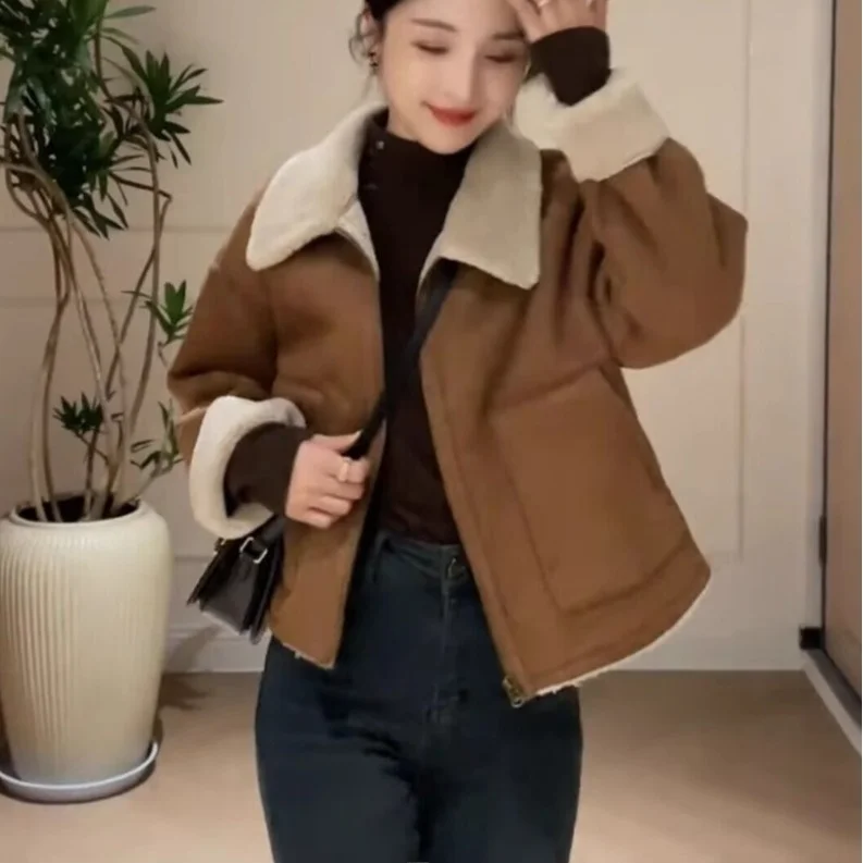 Thiened pele de cordeiro quente Jaet feminino motociclista Sle couro e pele outono inverno casaco ort fechamento com zíper C...