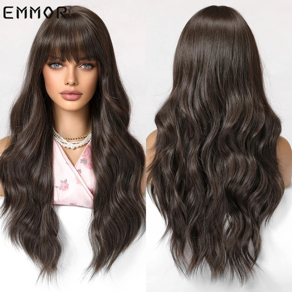 

Emmor Long Black Synthetic Wigs for Women Cosplay Wavy Hair Wigs with Bangs Natural Highlight High Temperature Fiber Hair