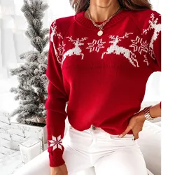 2024 New Winter Women Christmas Knit Sweaters Elk Print Jacquard Knitwear Long Sleeve O Neck Pullover Top Soft Warm Y2K Clothes