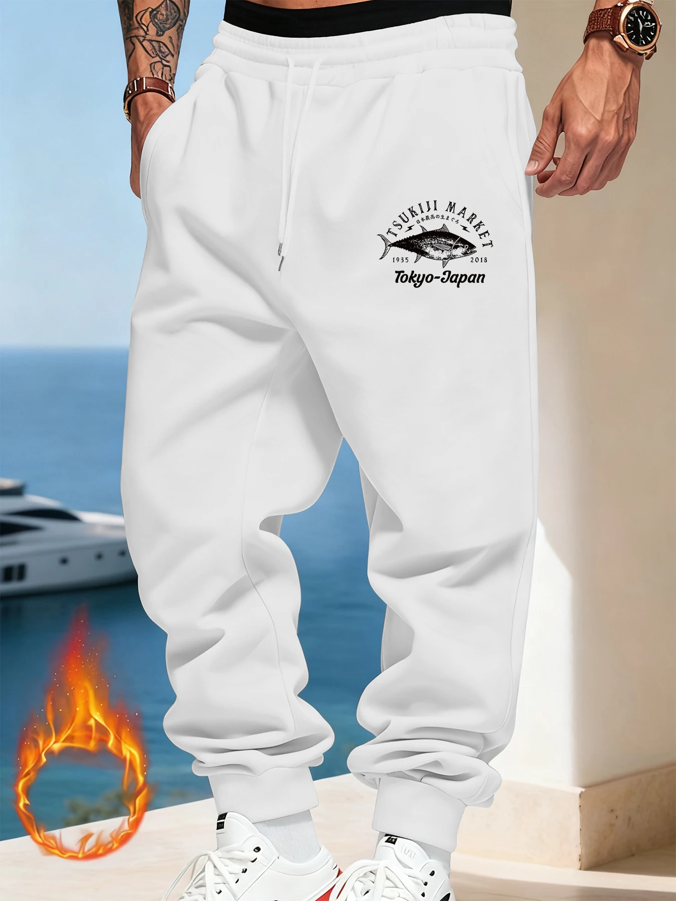 

Tsukiji Market Tokyo-Japan Printed Male Sweatpant Autumn Basic Trousers Warm Elastic Waist Pants Joggers Drawstring Pant