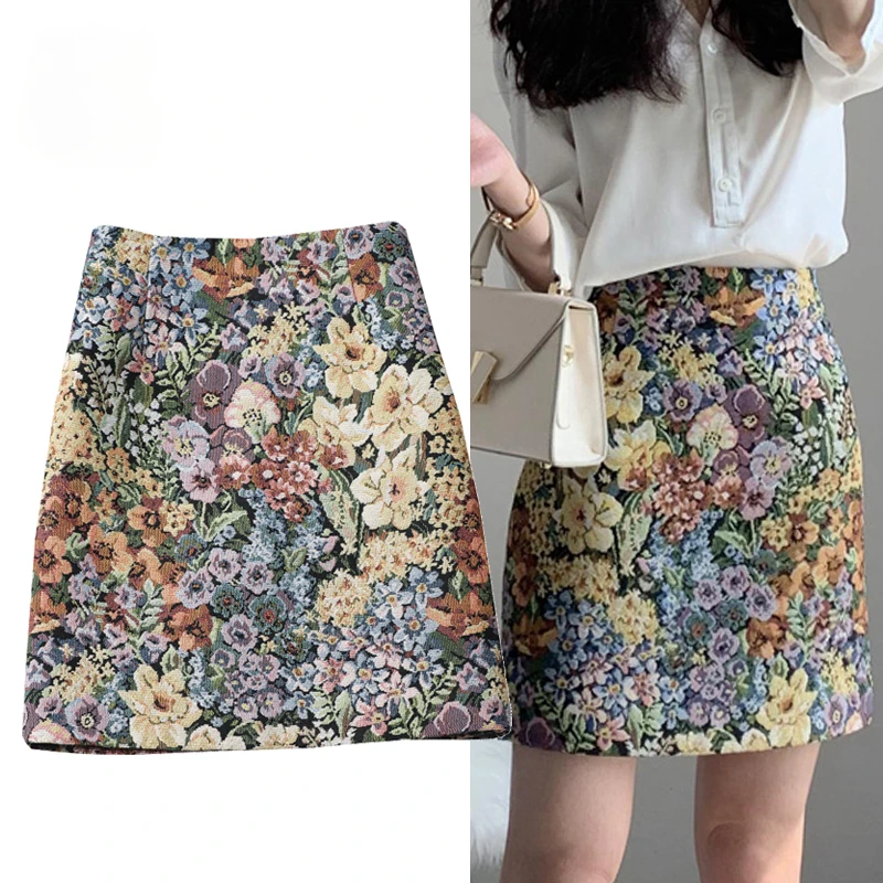 Summer Spring Fashion Flower Jaquard Lady Girl Slim Mini Short Skirts A Line Kawaii Cute Street Chic Boho Saia Bottoms