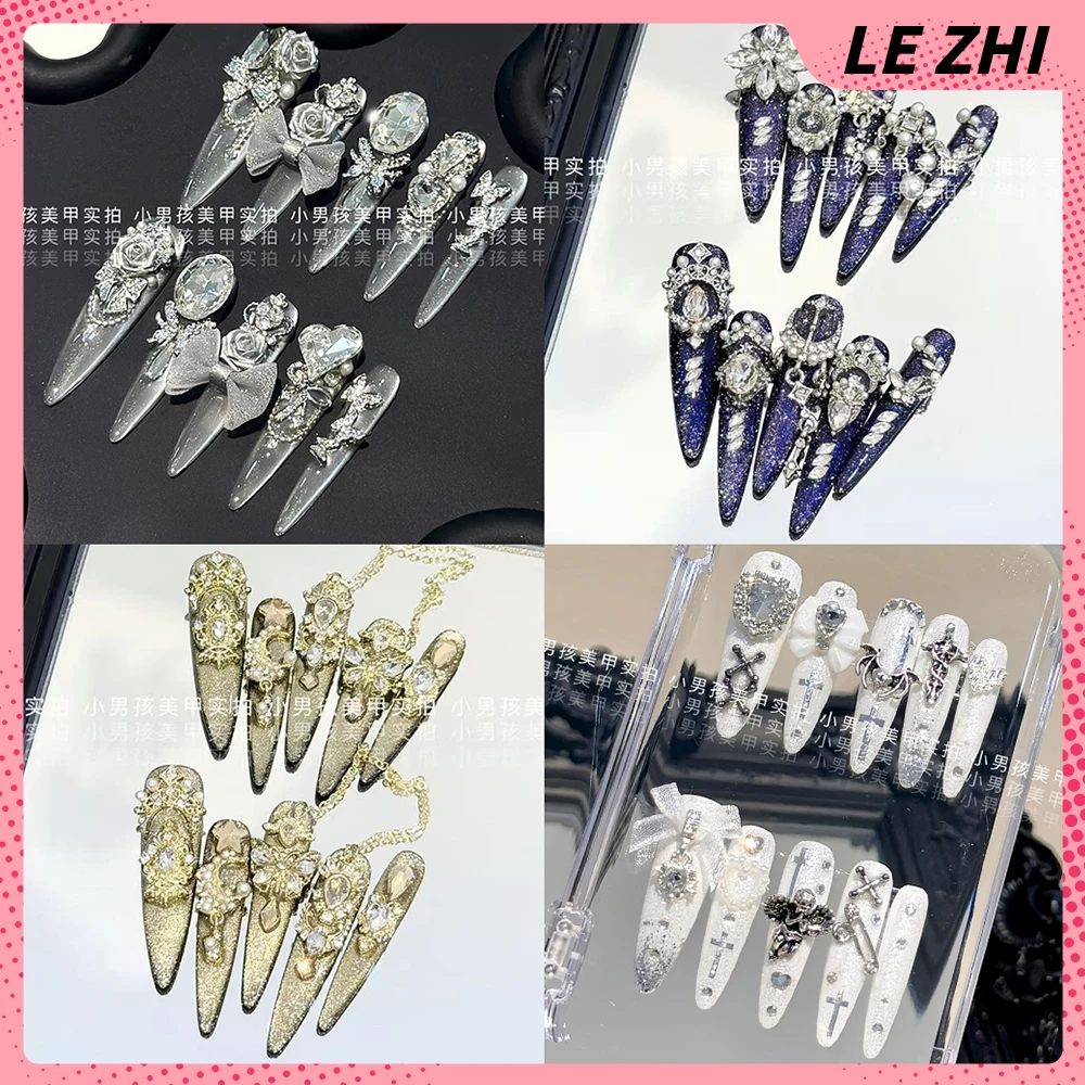 

10Pcs Spice Girl Handmade Long Stiletto Flash Cat Eyes Diamond Fake Nail Pearl Flower Butterfly Bow Press On Nail Christmas Gift