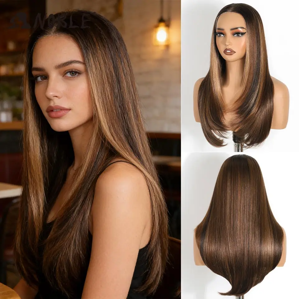 Image of 24 Zoll 9x6 Ombre Braun Highlight Synthetische Lace-Front-Perücke, vorgezupft, klebefrei, hitzebeständig, glatt, geschichtet, für Damen