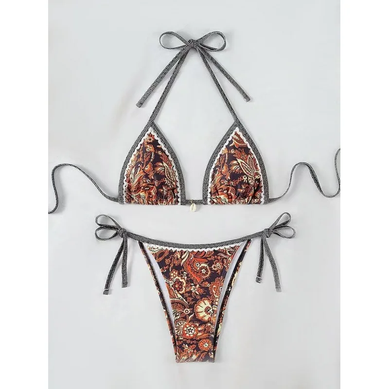 Beach Sport Swimwear Women Printed Trim Binding Bikini Set Tie Side Sexy Separated Swimsuit Quick Dry Bathing Suit Pool Vacation