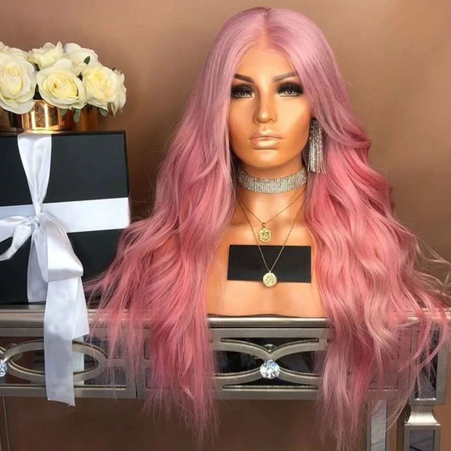 

Pink Hair Easy Daily Wear Synthetic Hair Wigs Long Natural Wavy 13x4 Transparent Lace Front Wigs Lolita Natural Hairline