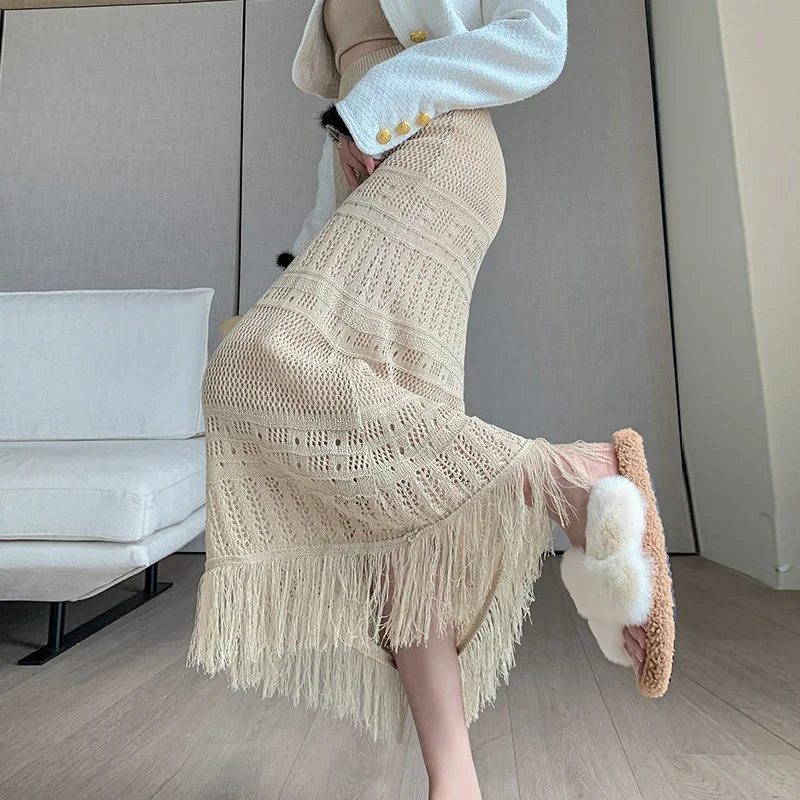 Tassel Knitted Skirt Spring Autumn Korean Fashion High Waist A-line Skirt Long Maxi Skirt Slim Fit Streetwear