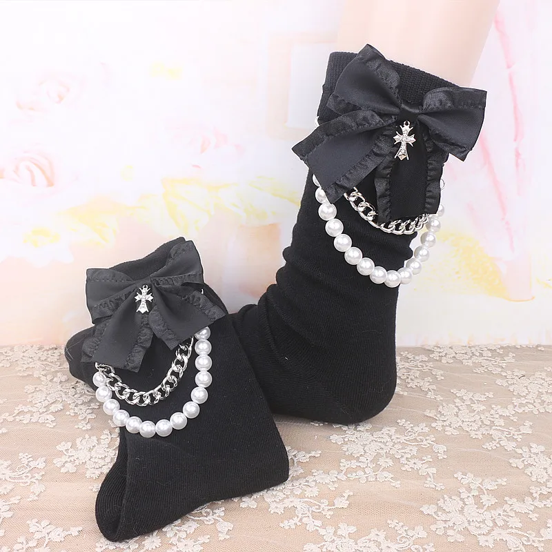 Gothic Dark Black Bow Socks Punk Bow with Beads Chains Mid-Calf Socks Larme Kei Cotton Lace Socks for Y2K GirlWomen