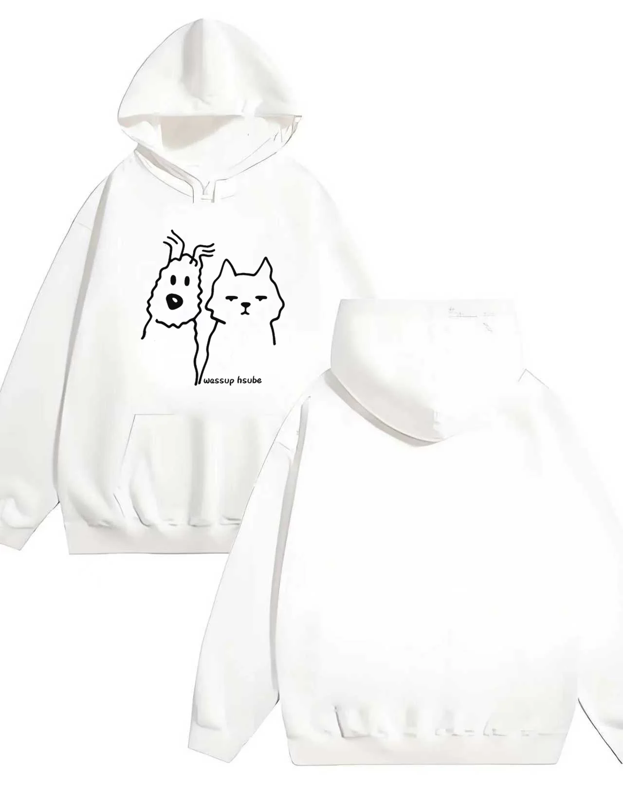 

2025 New Trendy 330G Heavyweight Wassup Isube Cartoon Dog Cat Print Hoodie Casual Unisex