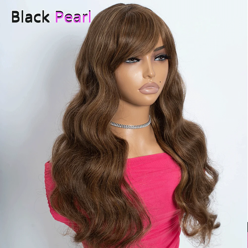Top Trendy Brown Highlight Body Wave Wig with Bangs Best 180% Density Brazilian Remy 100% Human Hair Wigs With Bangs Natural Loo image 3