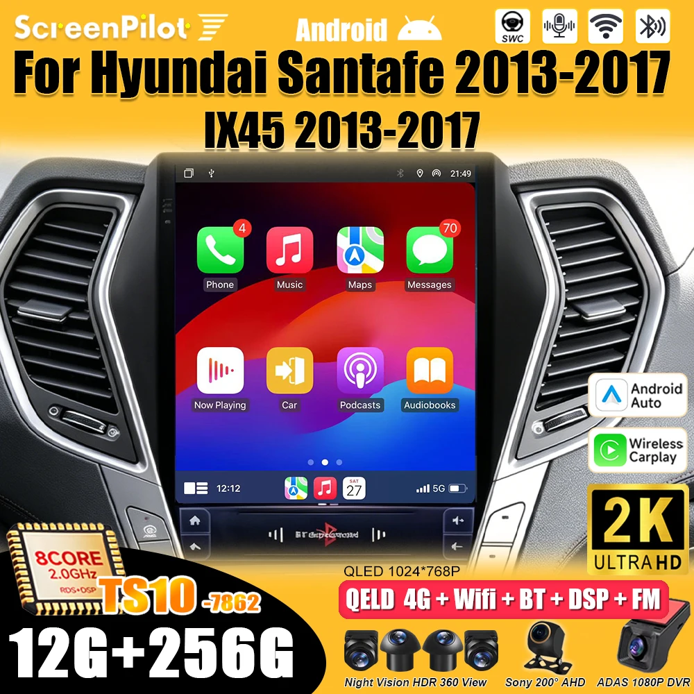 9.7 inch Android For Hyundai Santafe 2013-2017 IX45 2013-2017 Car Radio 2 Din GPS Navigation Vertical Screen Tesla Style 8 Core