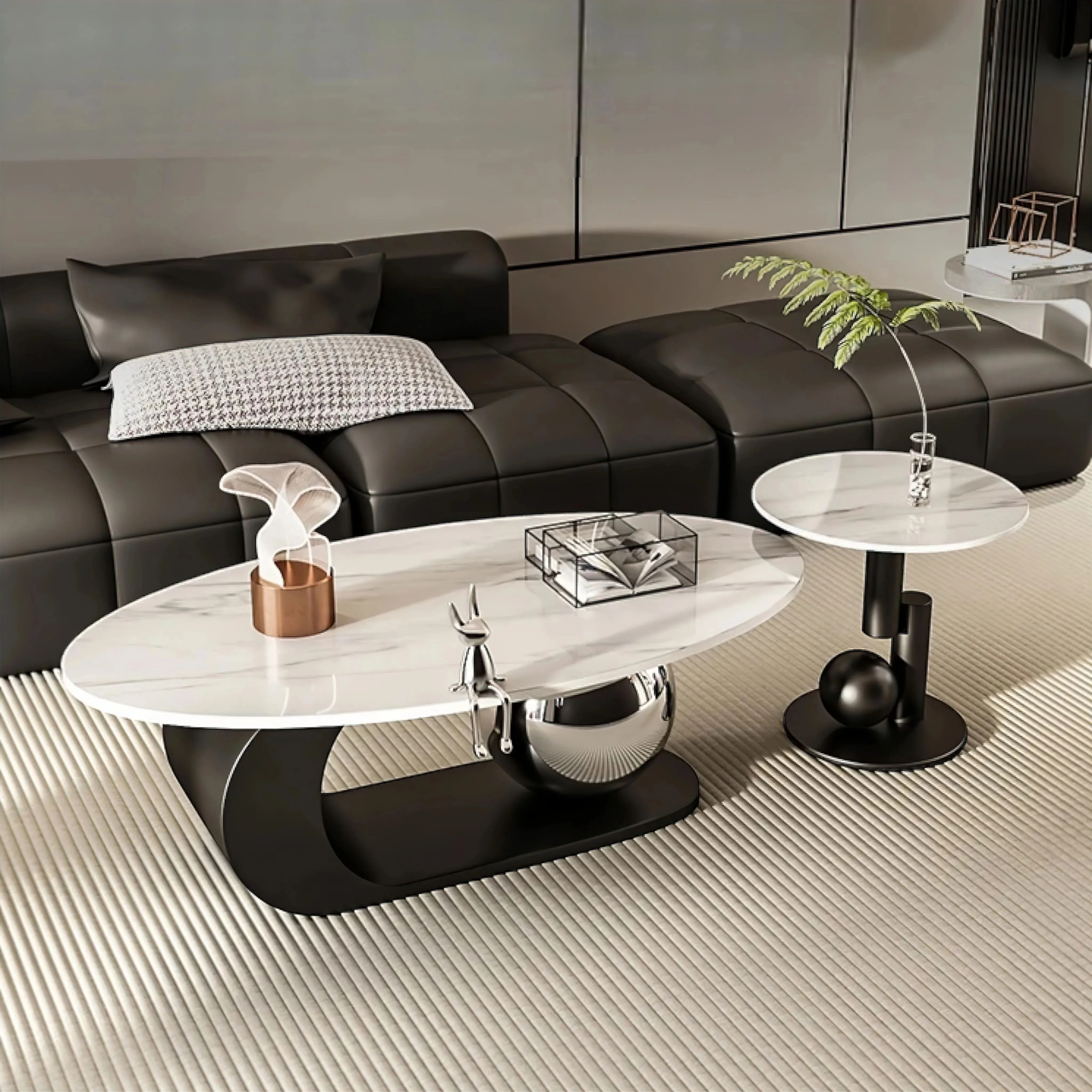 Custom Luxury Metal Steel Frame Sintered Stone Center Table Oval Shaped End Table for Living Room Modern Design Coffee Table Set